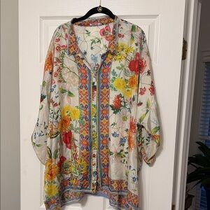 Johnny Was Floral Kimono with Red and Green Accents